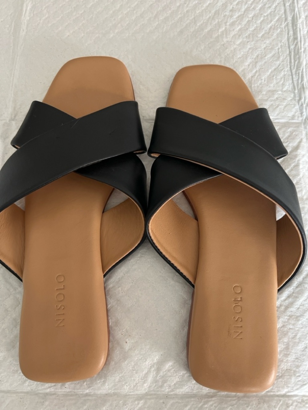 Nisolo Black Leather Crossband Slide Mules with Tan Footbed
